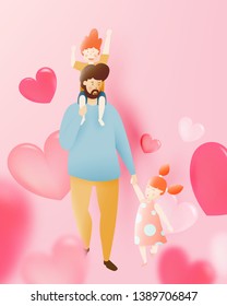 Happy father's day with father and son and daugther with pastel scheme and paper art vector illustration