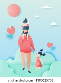 Happy father's day with father and son and daugther with pastel scheme and paper art vector illustration