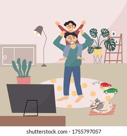 Happy father's day. Father and son watching television the home. Cheerful son sits on the shoulders of his father in the holidays. Creating love and family relationships. Vector flat illustration.