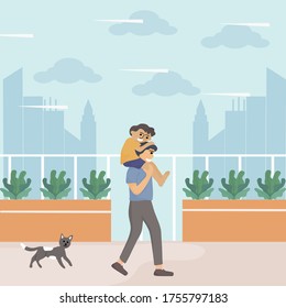 Happy father's day. Father and son are enjoying public walks. Cheerful son sits on the shoulders of his father in the holidays. Creating love and family relationships. Vector flat illustration.