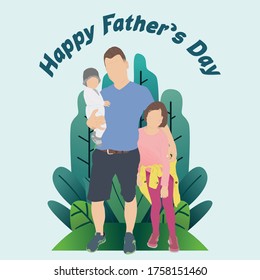 happy father's day, father with a son and a daughter. flat design.