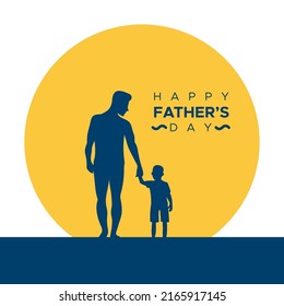 Happy Father's Day. Father and son walking in the sunset. Silhouette shapes. Vector illustration, flat design