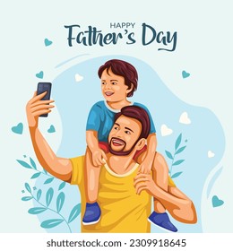 Happy father's day father and son making faces while taking selfie. abstract vector illustration design