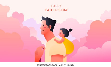 Happy father's day with father and son and daugther with pastel scheme and paper art vector illustration