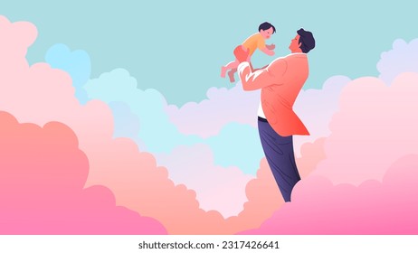Happy father's day with father and son and daugther with pastel scheme and paper art vector illustration
