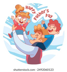 Happy Father's Day. Father Son and Daughter. Father holds daughter in his arms. Son sitting on his father's shoulders. Colorful cartoon character. Funny vector illustration. Isolated white background