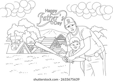 Happy Father's Day - Father and Son Playing Baseball Illustration, Line art illustration perfect for a coloring page, depicting a father and son bonding while playing baseball in an outdoor setting.