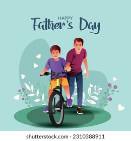 Happy fathers day. Father teaching little son riding bicycle. abstract vector illustration design