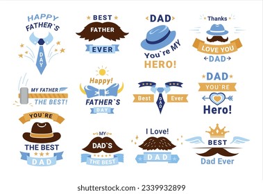 Feliz Día del Padre emblema festivo saludo mejor padre elemento de decoración de vacaciones de papá conjunto de ilustración isométrica vector. Etiqueta del sticker de felicitaciones de papá con bigote corona corbata y estrellas graciosas etiquetas de amor