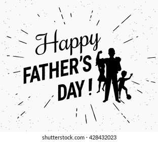 Happy fathers day flat conceptual illustration for greeting card or congratulations banner. Retro fashioned black transparent illustration on white background with sun burst rays in hipster style