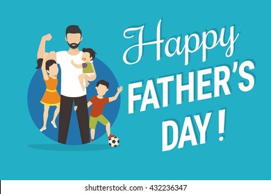 Happy fathers day flat conceptual illustration for greeting card or congratulations banner. Happy father with kids standing in the blue circle