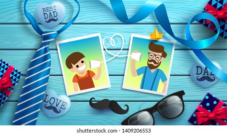 Happy Father's Day flat lay style with photo of dad and boy, necktie, glasses and gift box on blue wood table. Promotion and shopping template for Father's Day. Vector illustration EPS10