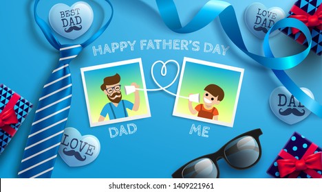 Happy Father's Day flat lay style with frame of dad photo and boy, necktie,glasses and gift box on blue background.Promotion and shopping template for Father's Day.Vector illustration EPS10