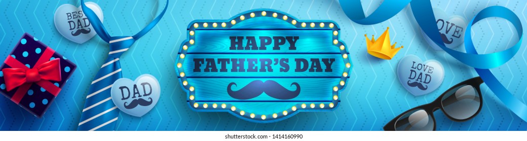 Happy Father's Day flat lay style with wood banner,blue necktie,glasses and gift box for dad on blue background.Promotion and shopping template for Father's Day.Vector illustration EPS10