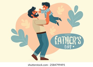 Happy Father's Day flat vector illustration in pastel colors featuring a joyful father and son