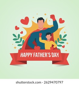Happy Father's Day flat vector illustration, father and child wearing superhero costume Father's Day illustration