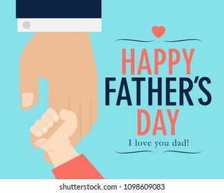 happy fathers day flyer, banner or poster, father holding his child hand, flat illustration vector