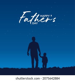 Happy Fathers Day flyer, banner or poster, silhouette of a father holding his son's hand. Vector illustration