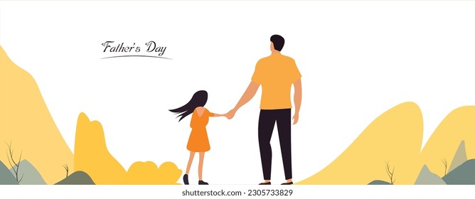 Happy Fathers Day flyer, banner or poster, father holding his child hand. Vector illustration.