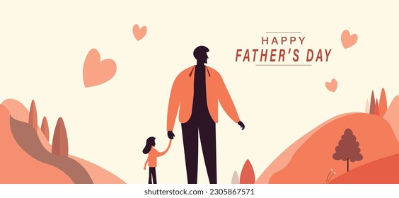 Happy Fathers Day flyer, banner or poster, father holding his child hand. Vector illustration.