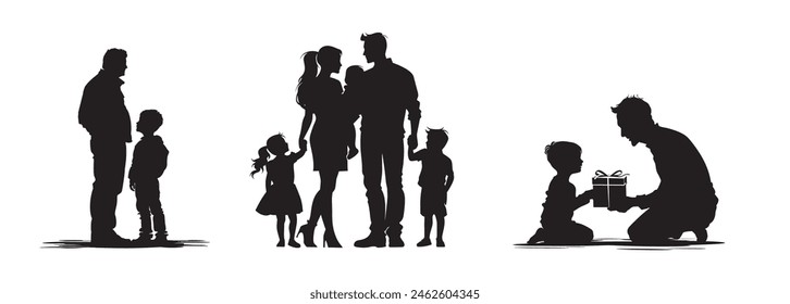 Happy Fathers Day flyer, banner or poster, silhouette of a father holding his child hand. Vector illustration