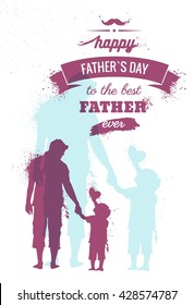 Happy Fathers Day flyer, banner or poster, silhouette of a father holding his child hand. Vector illustration