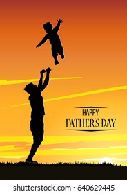 Happy Father's Day flyer, banner or poster. Silhouette of a father throws his son.