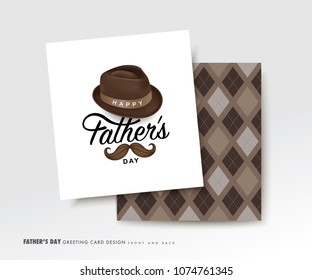 Happy Father's Day font and back greeting card design with handwritting lettering, hat and moustache