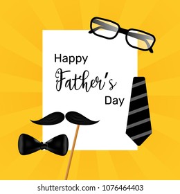 happy fathers day and glasses, mustache and bow tie forming a man face in a beige background, with a retro effect. father's day concept template design and illustration.