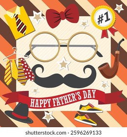 Happy father's day with glasses, mustache, pipe, shirt, ribbon and hat