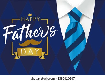 Happy father`s day golden lettering banner. Fathers Day vector calligraphy on navy blue suit background. Dad my king illustration