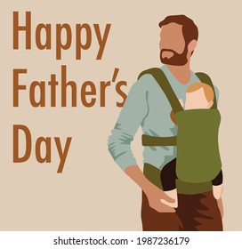 Happy Father's Day Graphic Design Art Man in Blue Shirt with Beard and Mustache Wearing Baby Carrier Holding Baby 