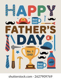 Happy Father's Day graphic design with various gifts and symbols. A cheerful and celebratory Father's Day design.