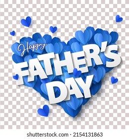 Happy Fathers Day greeting banner with big heart made of blue Origami Hearts isolated on transparent background. Father's Day Design template for card, sticker, poster, tag, label, social media