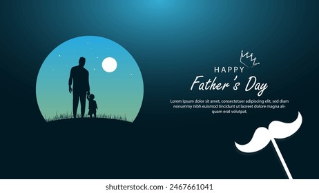 Happy father's day greeting banner son and father night sky view with mustache design