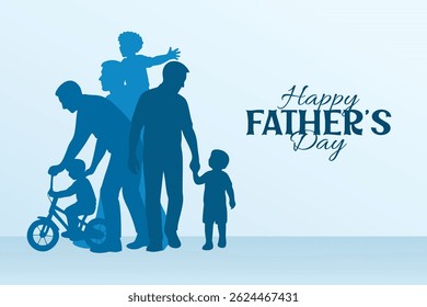 Happy Fathers Day greeting with blue  background. Silhouettes of fathers interacting with children in different activities. Parenting, love, guidance, support, and fatherhood. Vector Illustration