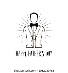 Happy Fathers Day greeting. Bow tiw, Costume, Suit. Dad gift. Silhouette of man. Vector illustration.