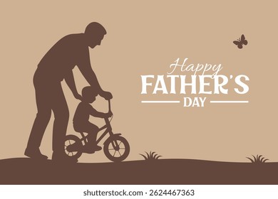 Feliz Dia dos Pais saudação com fundo marrom vintage. Silhueta do pai ensinando a criança a andar de bicicleta. Ilustração do conceito de paternidade, amor, orientação e vínculo familiar.