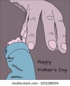 Happy fathers day greeting card doodle sketch of big father hand and small baby finger in vintage pastel colors