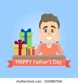 Happy Fathers day greeting card with man and gift boxes.