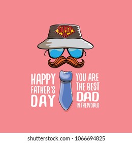 happy fathers day greeting card with cartoon color tie, mustache, sunglasses, cap and greeting text. fathers day vector label or icon isolated on pink background. You are the best dad in the world