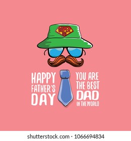 happy fathers day greeting card with cartoon color tie, mustache, sunglasses, cap and greeting text. fathers day vector label or icon isolated on pink background. You are the best dad in the world