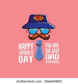 happy fathers day greeting card with cartoon color tie, mustache, sunglasses, cap and greeting text. fathers day vector label or icon isolated on pink background. You are the best dad in the world