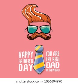happy fathers day greeting card with cartoon color tie, mustache, sunglasses and greeting text. fathers day vector label or icon isolated on pink background. You are the best dad in the world