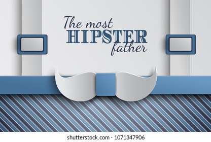 Happy Fathers Day greeting card design for men's event, banner or poster. Striped blue background with paper cut mustache and suspenders. Congratulation text on backdrop. Vector illustration