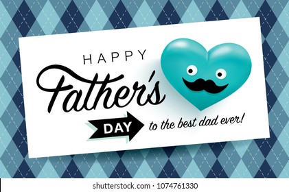 Happy Father's Day greeting card with funny heart face mustache and repeating pattern background