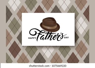 Happy fathers day greeting card with typography design, hat and repeating pattern background