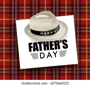 Happy fathers day greeting card with typography design, hat and repeating pattern background