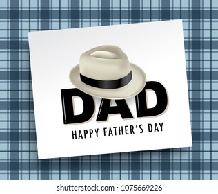 Happy fathers day greeting card with typography design, hat and repeating pattern background