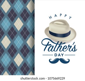 Happy fathers day greeting card with typography design, hat, moustache and repeating pattern background